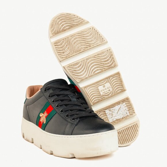 Gucci Ace Web Gold Bee Black Leather White Platform Sneaker - Picture 4 of 11